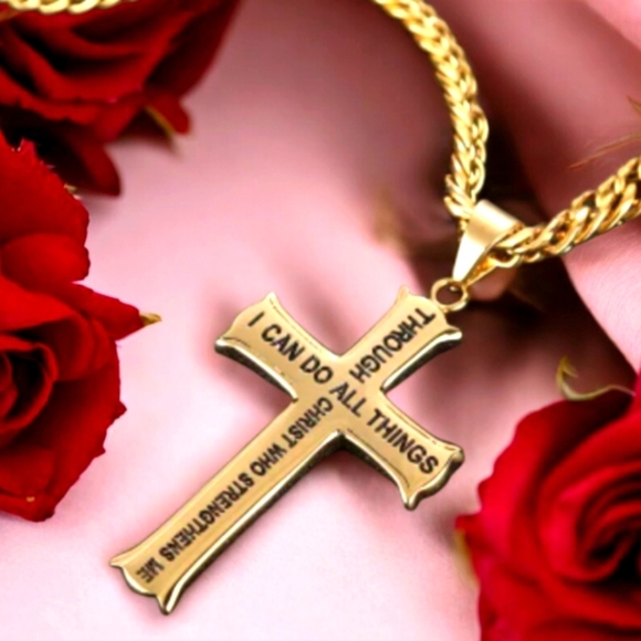 NEW Engraved "I Can Do All Things Through Christ" 18k Goldplated Cross Necklace - Picture 1 of 4